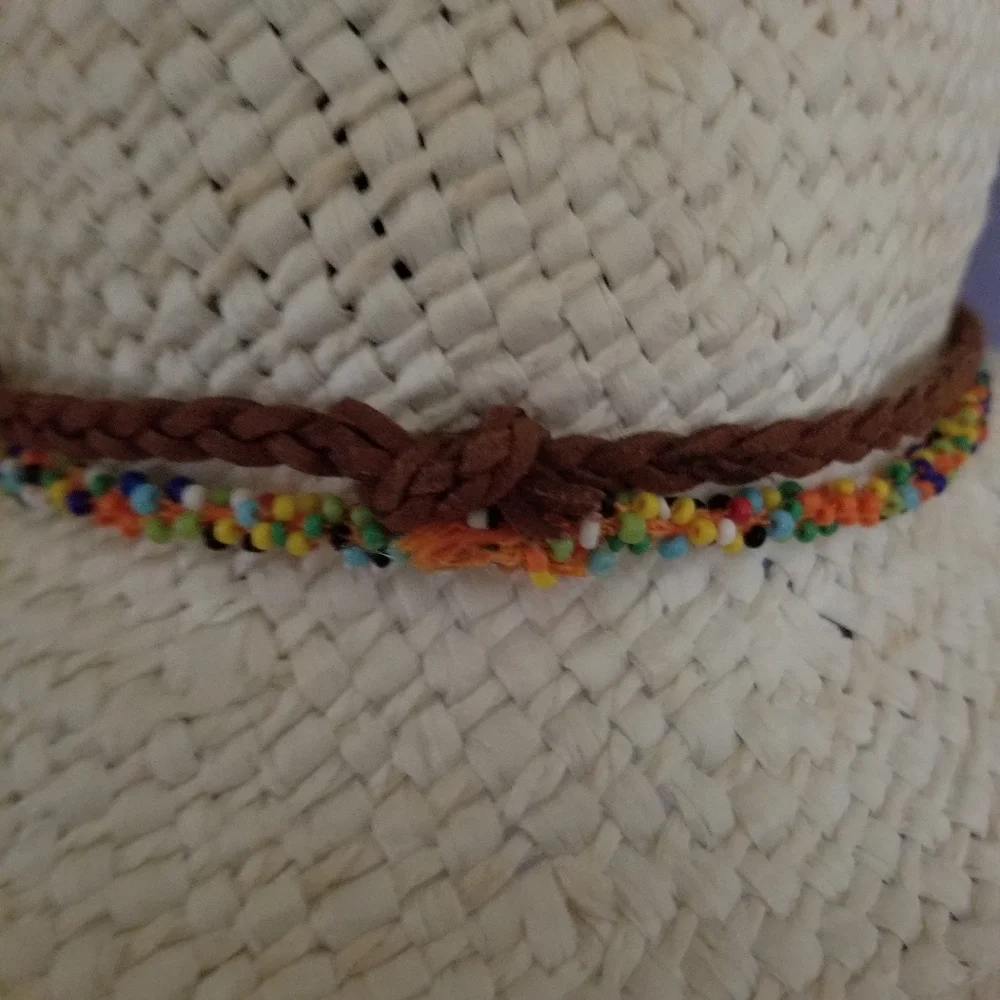 Steve Madden Cream Straw Fedora Hat Beaded Band Boho Resort Beach